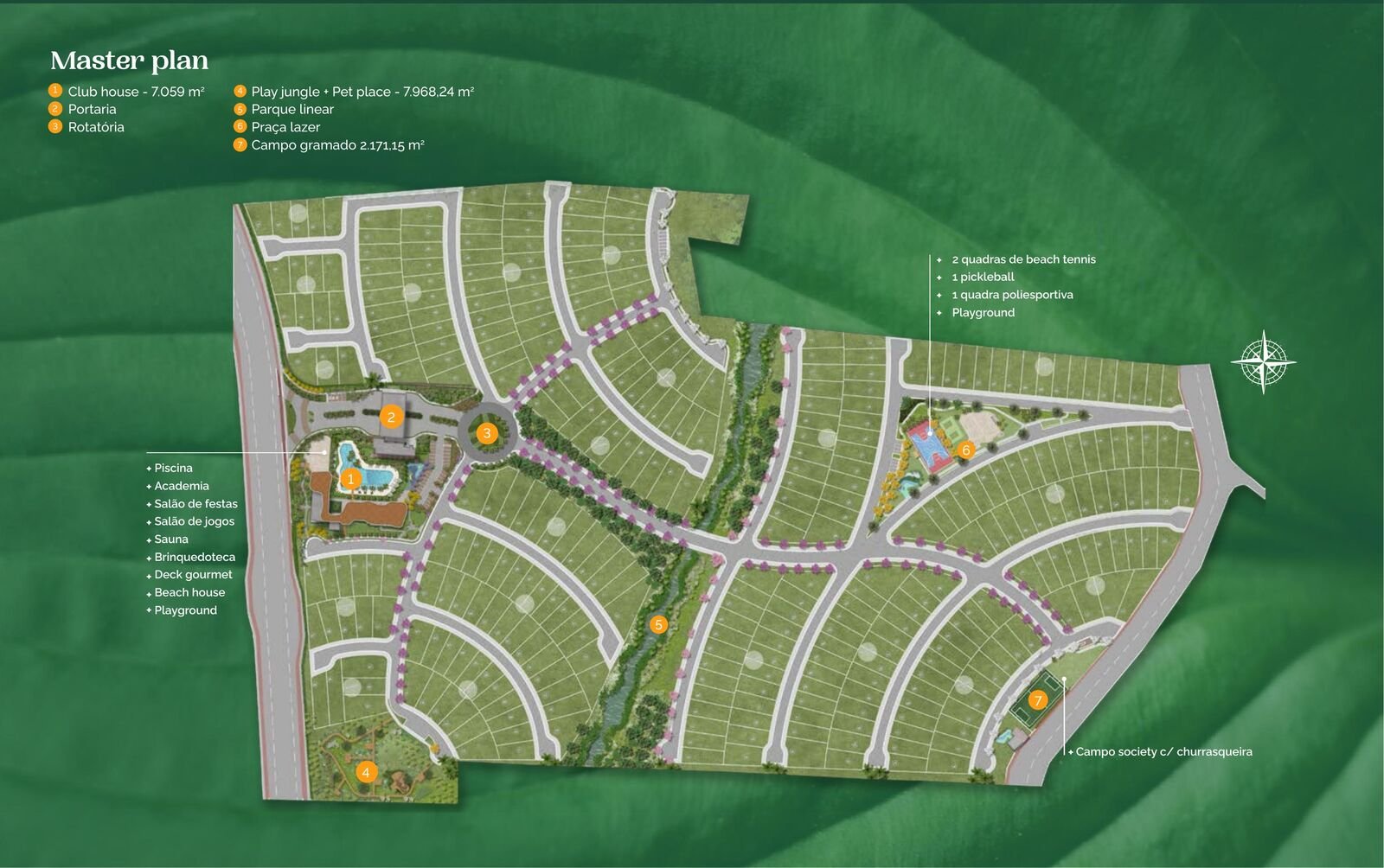 Master plan do loteamento BS Botanic Eusébio com club house, portaria, parque linear e praças de lazer