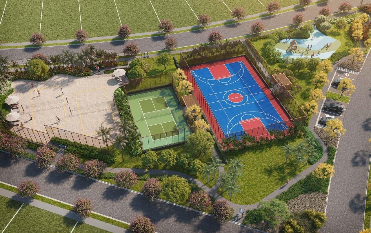 Praça dos esportes com quadra poliesportiva, pickleball e beach tennis